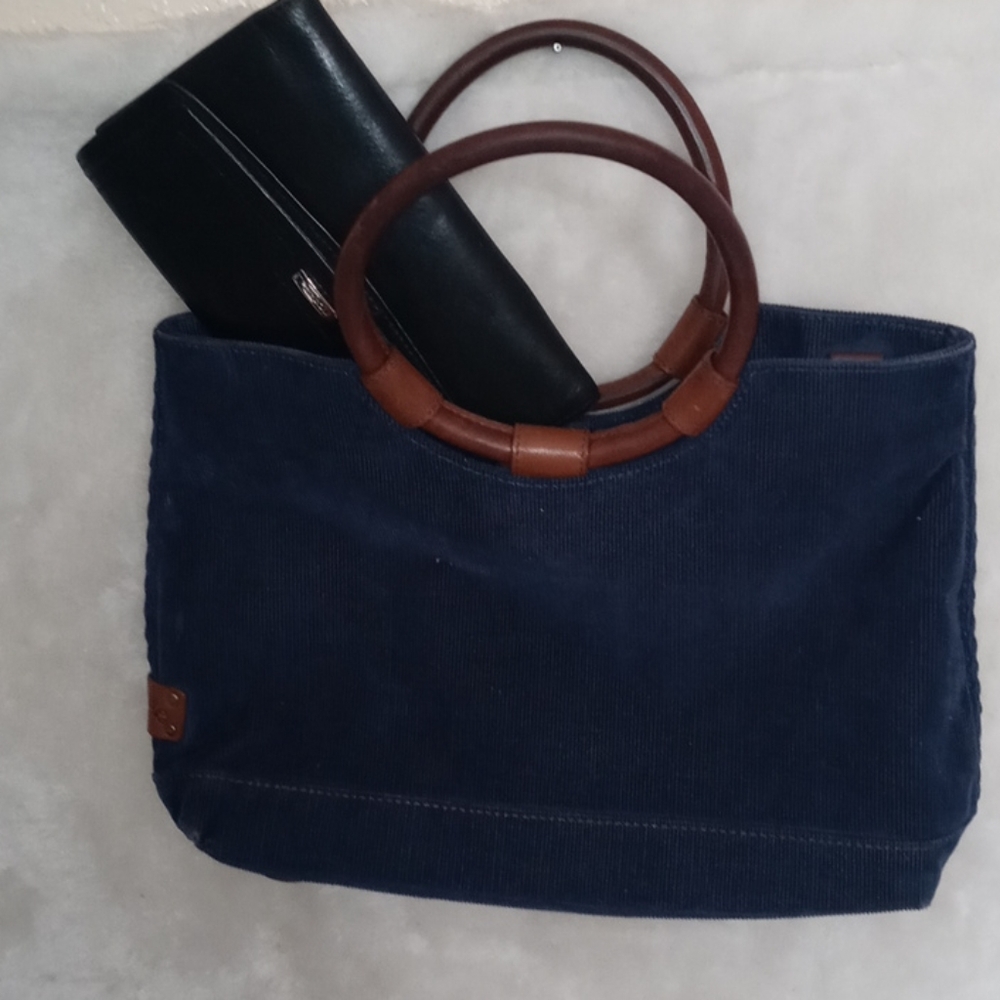 Fossil navy corduroy bag bamboo handles & wallet